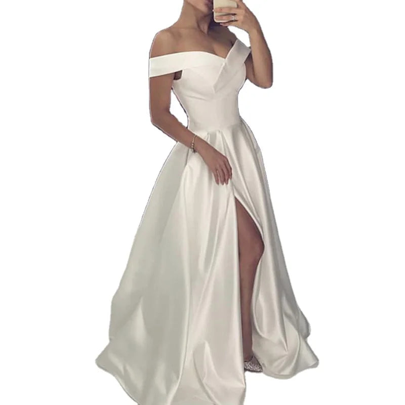 Elegant Satin Fabric Off Shoulder Bridal Gowns Split Front Noble Wedding Dress 2025 Vestido De Novia