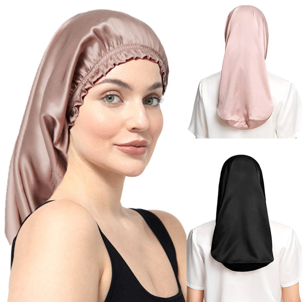 QINGYAN Wholesale Long Bonnets Hot Sales Portable Satin Long Tube Hair Care Sleeping Hat with Ruffle Edge Elasticity for Casual