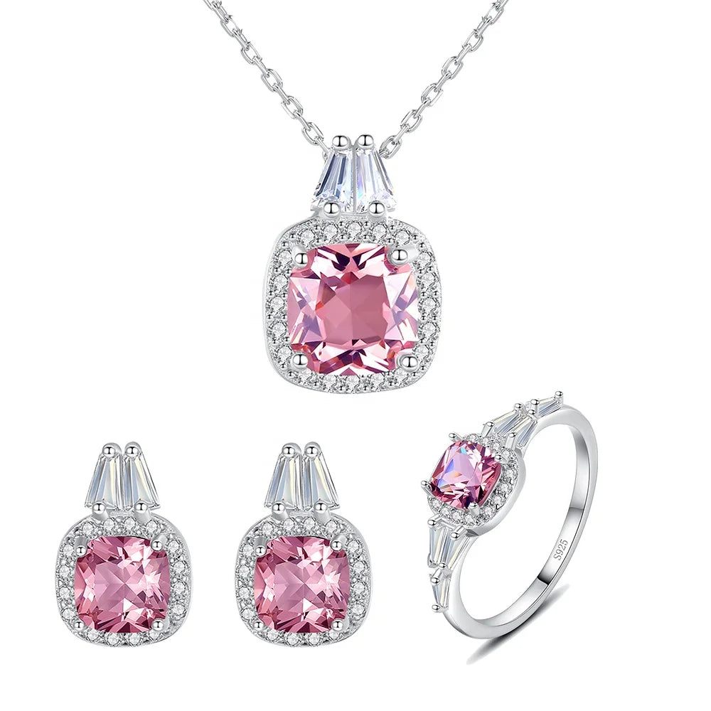 Daidan Wholesale Silver 925 Sets Jewelry Luxury Cz Wedding Woman Square Rhodium Pink Jewelry Sets