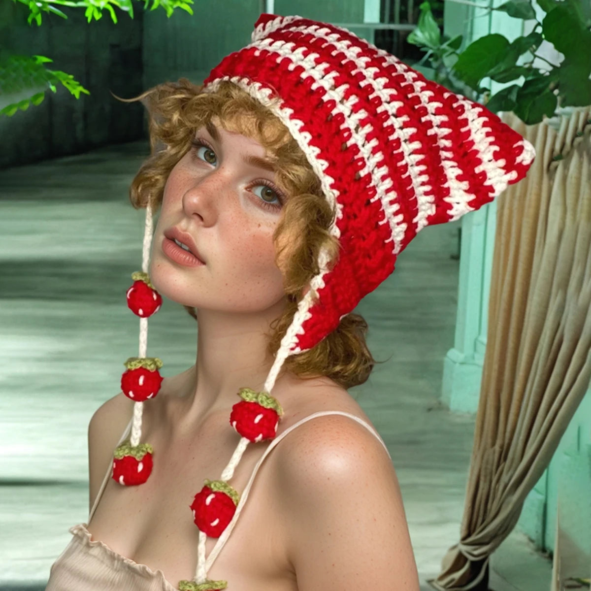 Handmade Crochet Hats Winter Knit Beanie Women Fashionable Crochet Ruffle Cap Embossed Character Camouflage Pattern