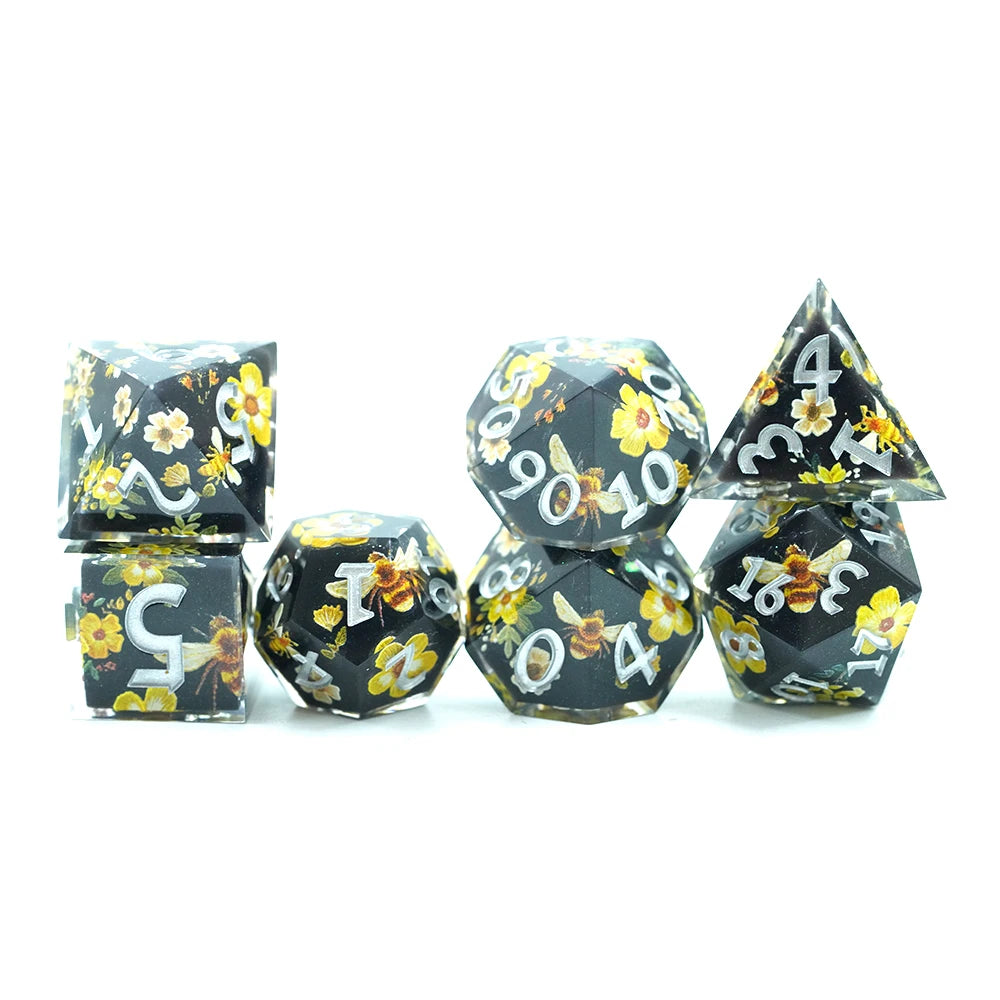 Custom Polyhedral Resin Dice Sets Flower Design with Sharp Edges for RPG Dungeons and Dragons Pathfinder