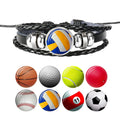 Black Leather Bracelet Basketball Football Baseball Golf Tennis Bowling Volleyball Snooker Soccer Ball Charms Fashion Jewelry