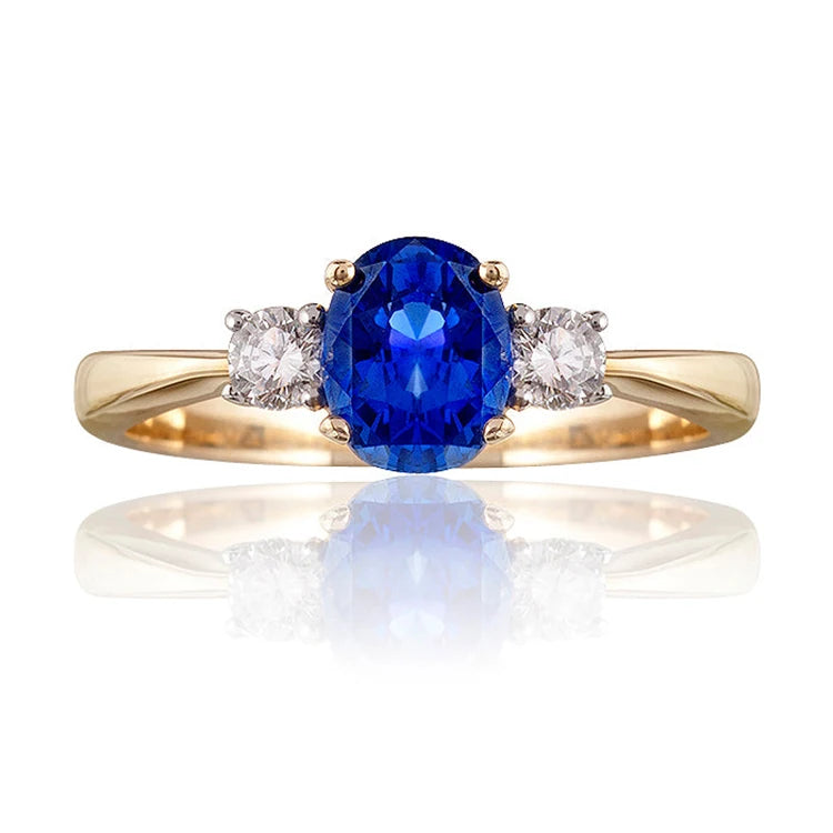 SGARIT Fine Jewelry OEM/ODM 14K Yellow Gold 1.50CT Oval Cut Lab Created Blue Sapphire Ring Women Classic Vintage 3 Stone Ring