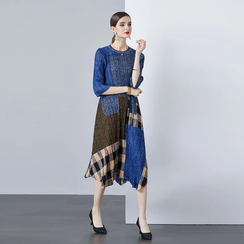 New Designer Beautiful Ruched Woven Pleated Chiffon Natural Waist Printed Patchwork Elegant Casual Plus Size Women's Dress