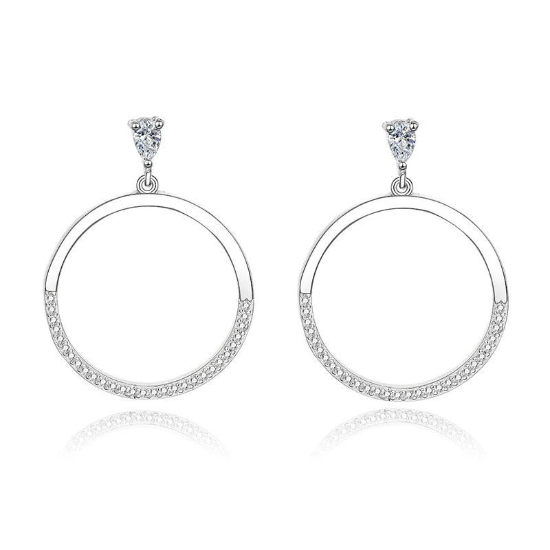 Simple round Circle CZ Diamond 925 Sterling Silver Women's Trendy Big Circle Drop Earrings for Parties and Gifts Silver Plated