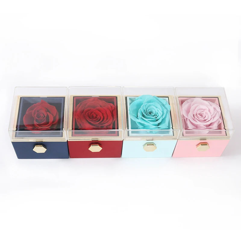 UKIQUEEN New Design Valentines Day Gift Propsing Ring Box Jewelry Box Preserved Forever Rose in Rotating Jewelry Box