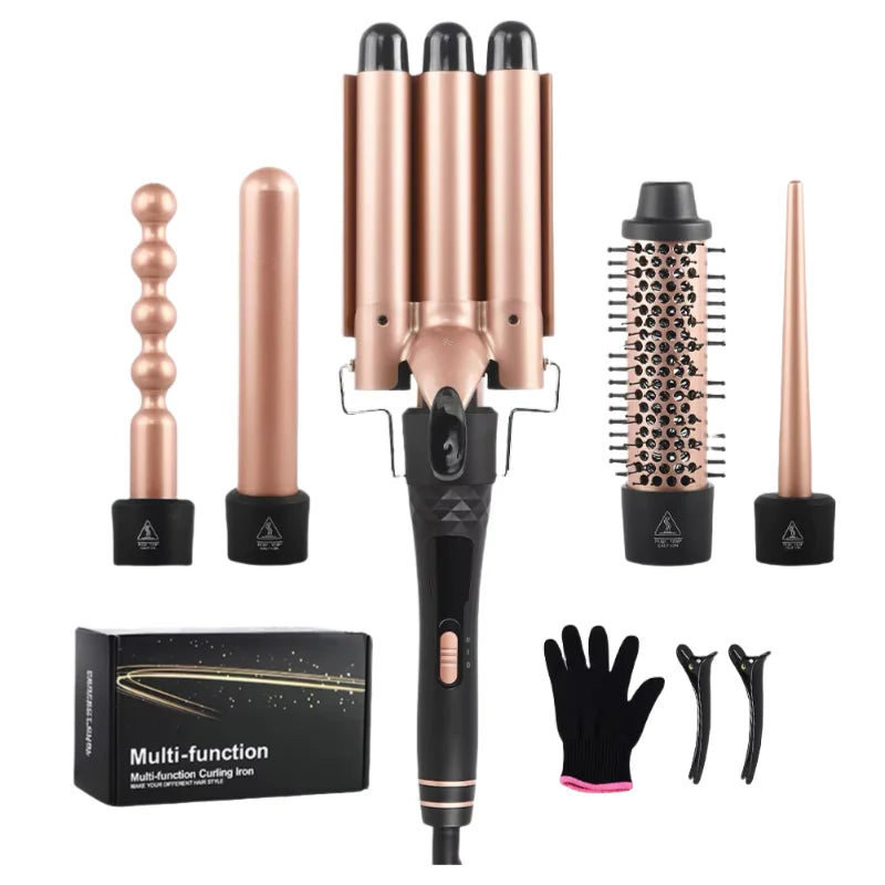 Custom Logo Professional 5 in 1 Interchangeable Ceramic Curling Wand Brush Wave 3 Barrel Curling Iron Set
