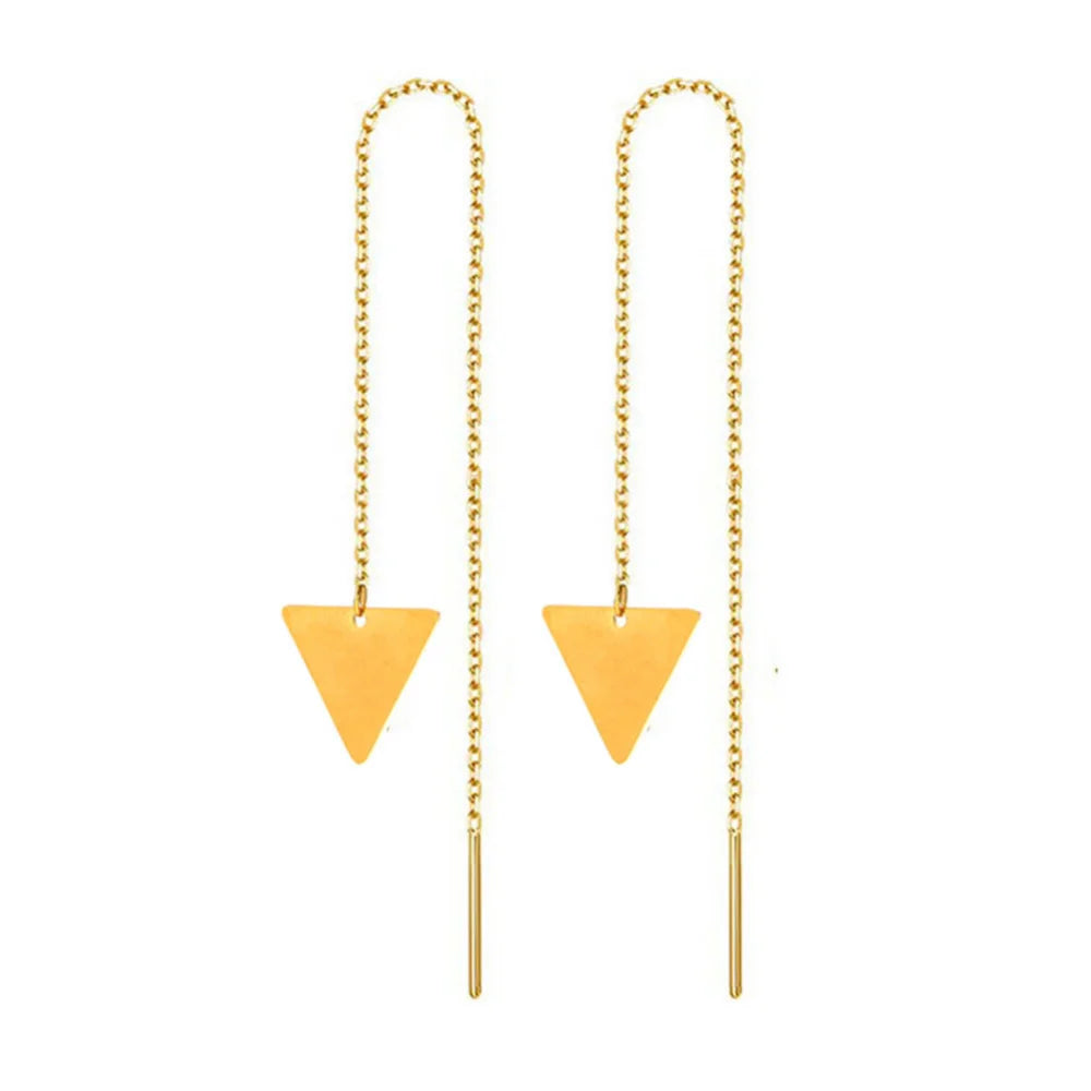 New Simple Stainless Steel Chain Geometric Round Circle Triangle Tassel Gold Plated Long Earrings