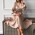 S-XXL Spring New Round Neck Solid Satin Temperament Dress Small Lantern Sleeves Waisted Mid-length Dress Women Clothing