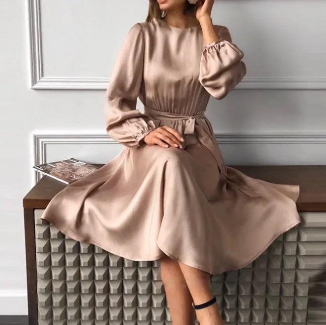 S-XXL Spring New Round Neck Solid Satin Temperament Dress Small Lantern Sleeves Waisted Mid-length Dress Women Clothing
