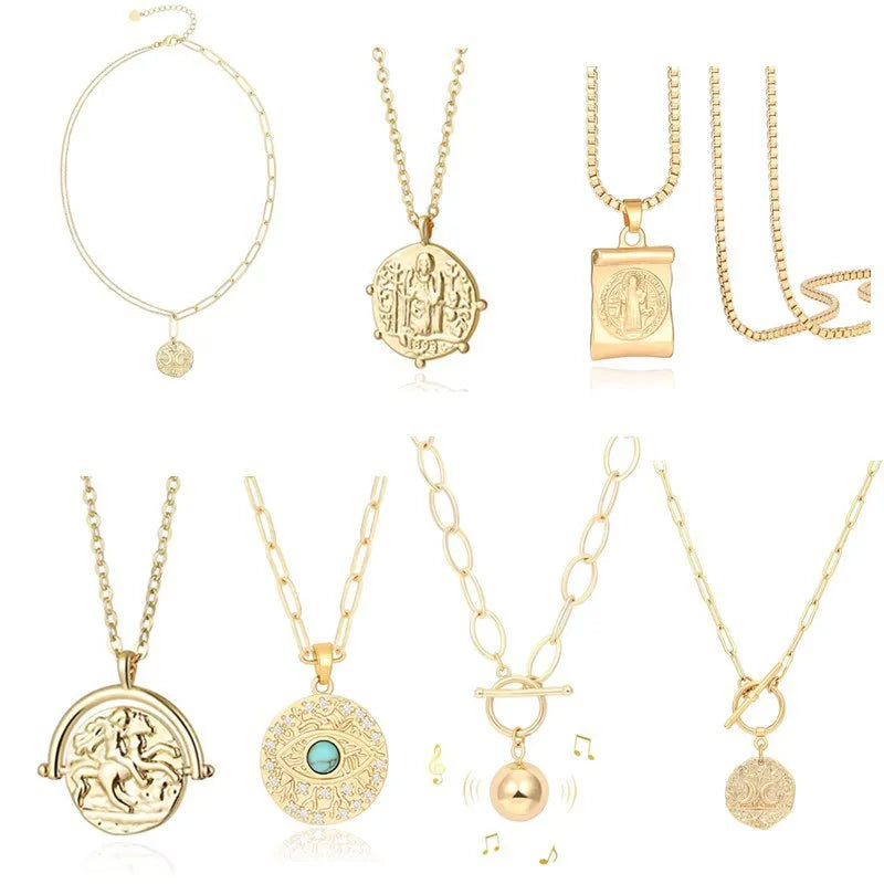 18K Gold Moon Star Lion Eye Pendant Necklace Medallion Paperclip Chian Choker Layering Jewelry for Women Girls