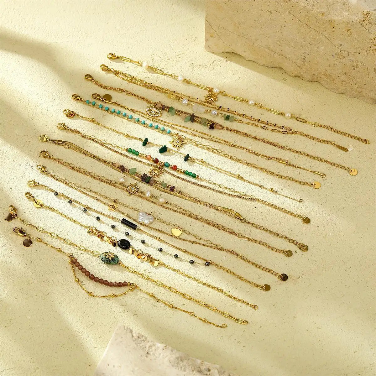 Fashion Chain Link Stainless Steel Devil Eye Sun Star Pearl Beads Rhinestone Jewelry Paper Clip Bracelets Bangles  for Women