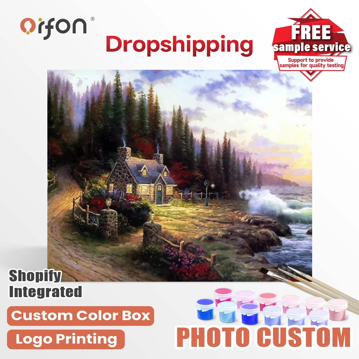 Orfon Dropshipping Landscape Paint by Numbers Kit - Cozy Stone Cottage & Seaside Woods Art for Home Decor DIY Craft