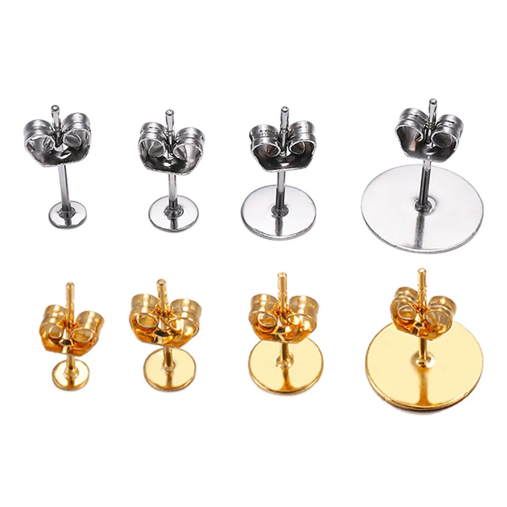Stainless Steel Gold Jewelry Making DIY Bulge Flat Head Pierced Butterfly Back Stud Blank Supplies Earring Posts and Backs