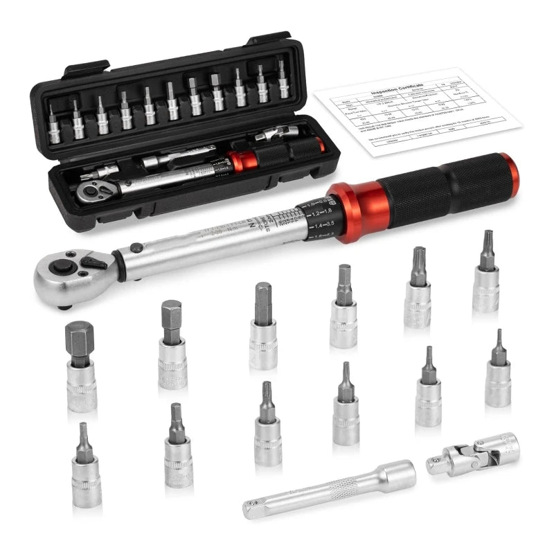 15PCS 1/4" Torque Wrench Set 2-26Nm 17.7-230.1in.lb High Accuracy 72 Tooth Torque Wrenches ForBicycle Repair Kit Home DIY