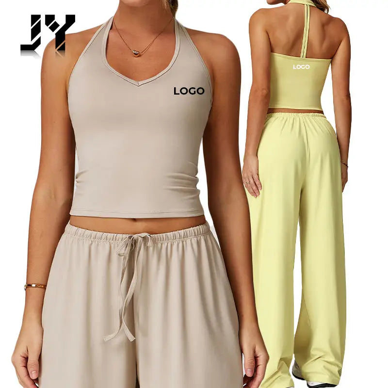 JY-3058 Solid Breathable Drawstring Wide-Leg Yoga Pants Set Quick-Drying Suspender Sport Suit Women Casual Running Gym Workout