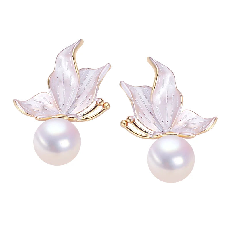 Wholesale Baked Enamel Butterfly Pearl Jewelry Natural Freshwater Pearl Earrings for Women
