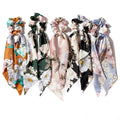 Boutique Flower Silk Long Tail Hairscarf Hair Tie Women Girl Floral Satin Large Ponytail Holder Scrunchies Accessories