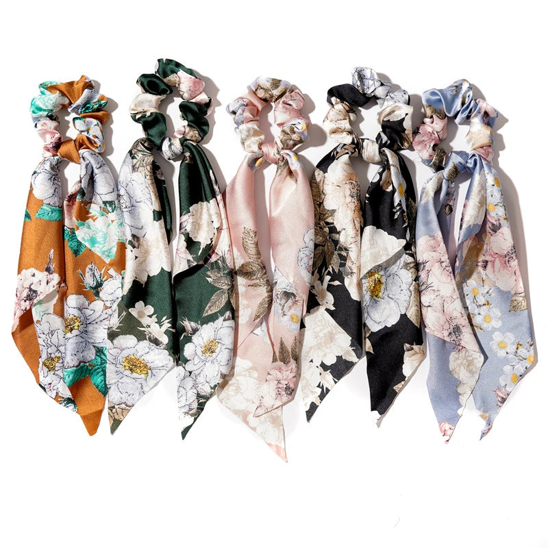Boutique Flower Silk Long Tail Hairscarf Hair Tie Women Girl Floral Satin Large Ponytail Holder Scrunchies Accessories