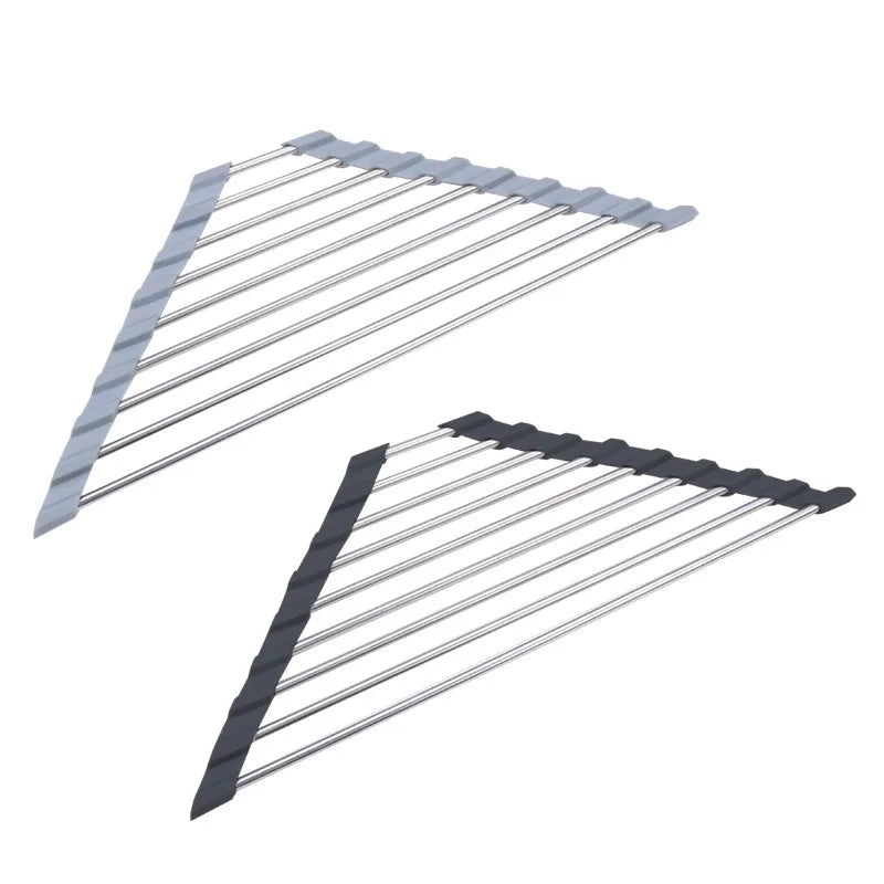 Adjustable Stainless Steel Dish Drying Rack for Kitchen Sink Single Tier Roll-up Rack for Food and Sundries Over the Corner
