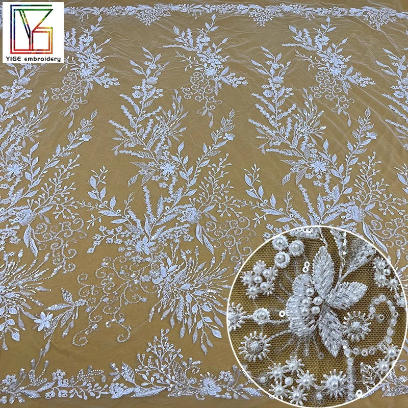 New Luxury Bridal Wedding Sequins Beaded Tulle Lace Mesh Fabrics With Pearls for European Style Dress