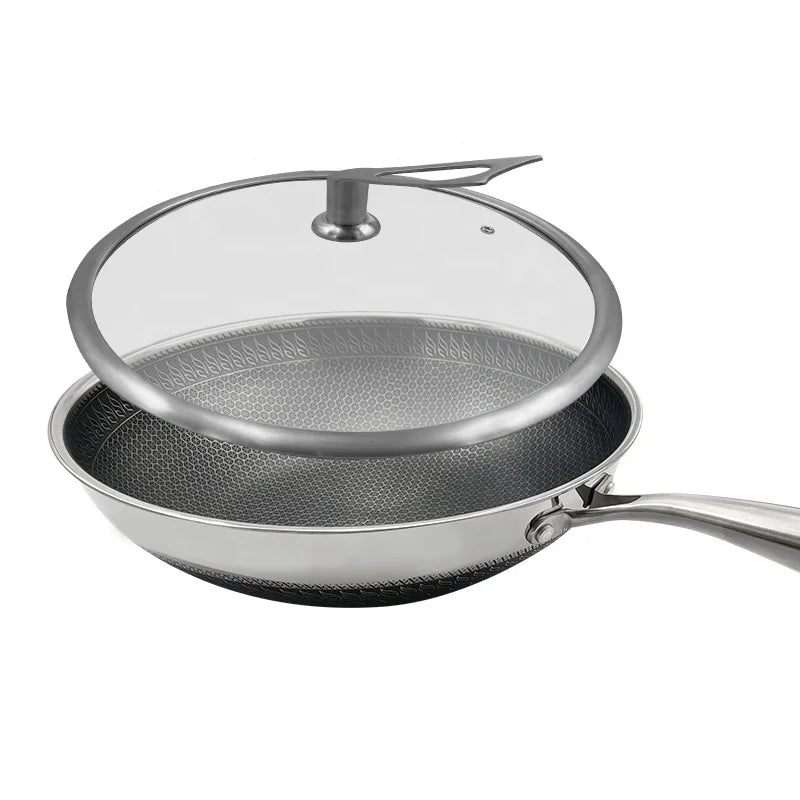 PFOA FREE Nonstick Fry Pan Stainless Steel Wok Pan Glass Lid Honeycomb Non Stick Pan