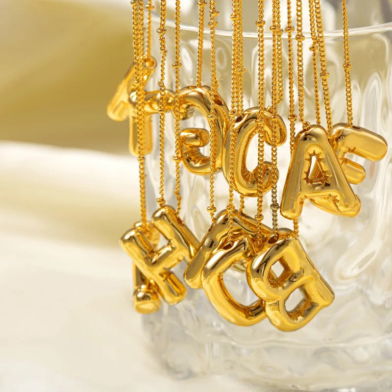 18k Gold Stainless Steel Gold-plated Titanium Steel Party Balloon 26 Letters Hollowed-out Pendant English Letter Necklace