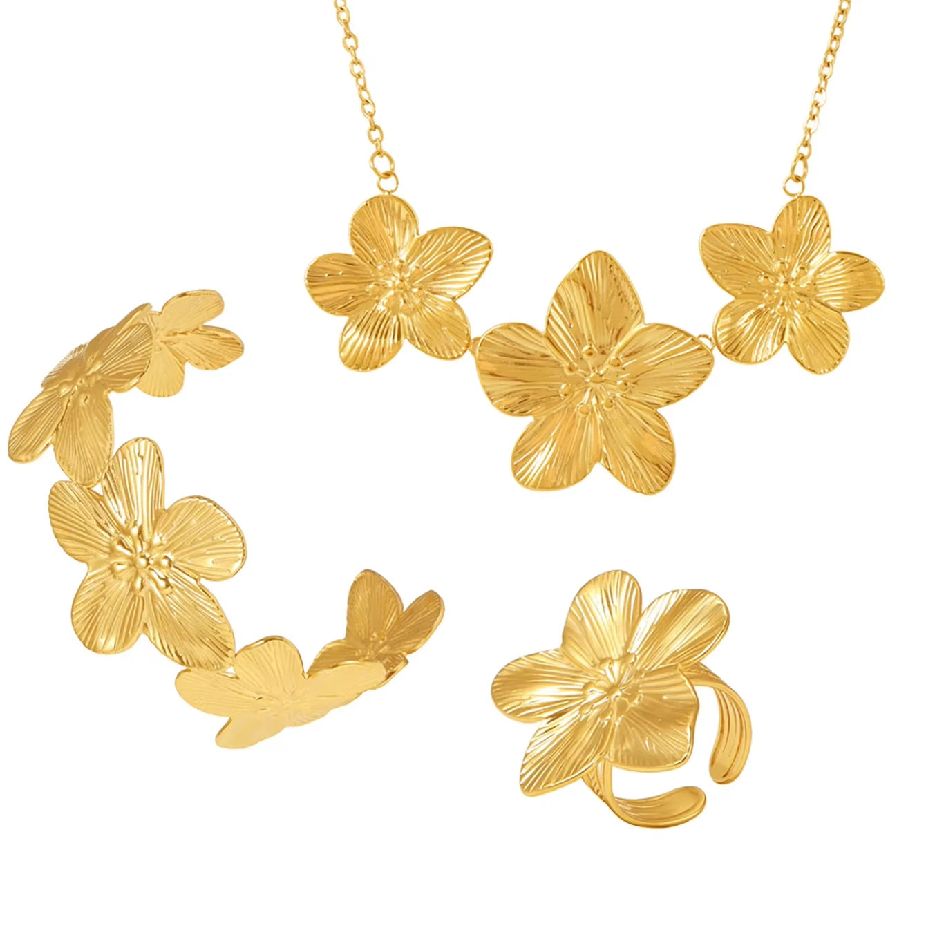 Latest Fashion Stainless Steel Jewelry Sets 18K Gold Hypoallergenic Flowers Necklace Rings Earrings  Bracelet Weddings Lovers