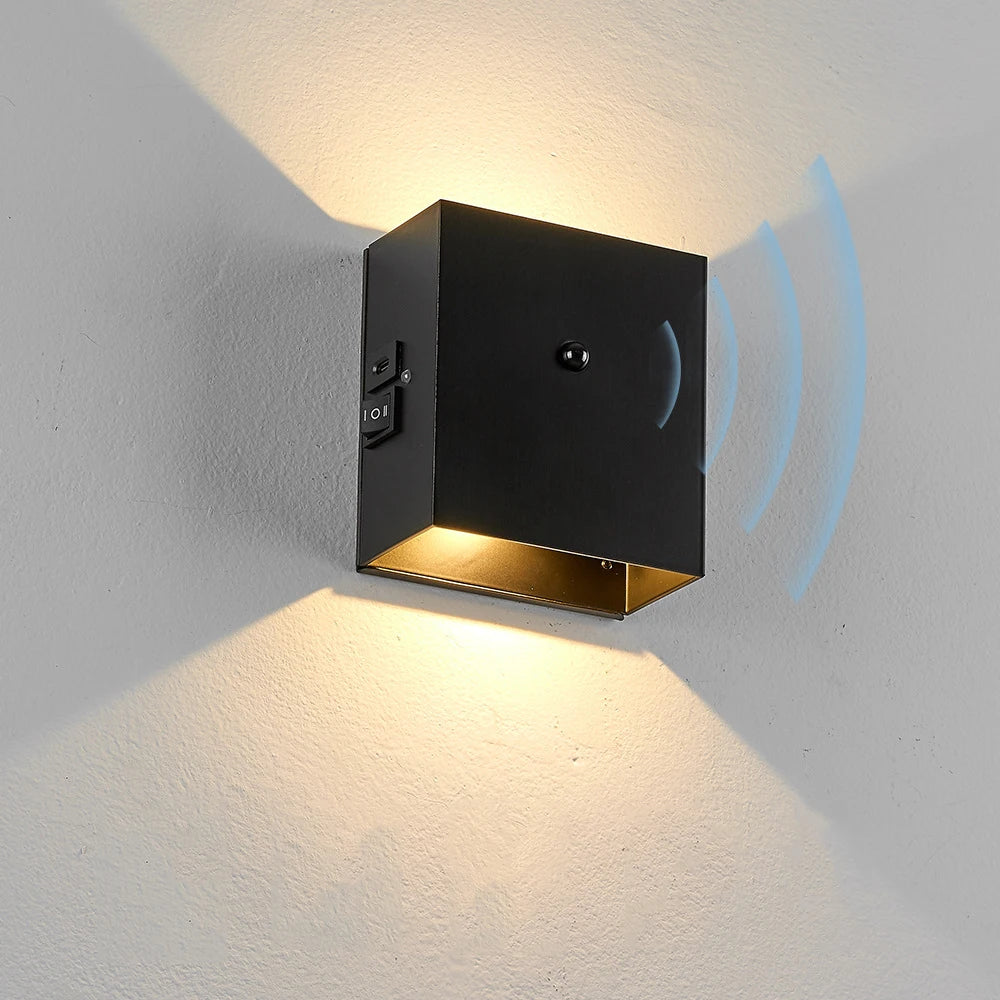 Modern Simplicity LED Wall Mount Lamp up Down Cube Outdoor Fixtures Decor Indoor Bedroom Rechargeable Sensor Battery Wall Light