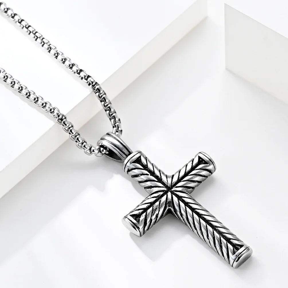 Vintage Antique Silver Stainless Steel Casting Cross Necklace Religious Cross Pendant Necklace for Men (KSS416)