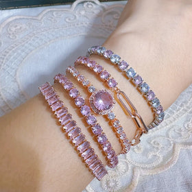 Pink Hand Chain for Women Tennis Bracelet Luxury Shiny Cubic Zirconia Rose Gold Plated Star Girl Y2k Pink Bangle Christmas Gift