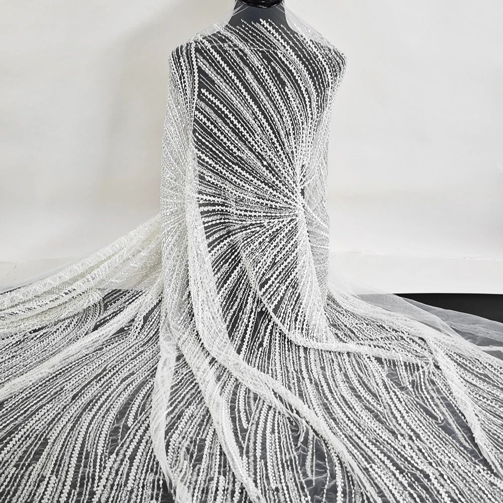 High Quality Bridal Lace Fabric White Beaded Embroidery With Sequence Luxury Lace Fabric Nigerian MegaBDM