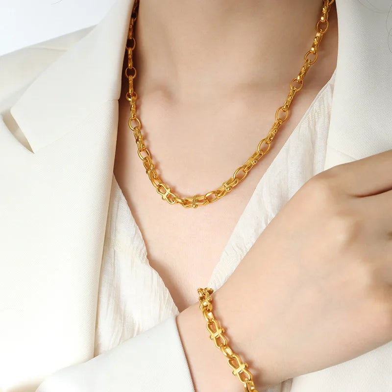 G2054 18K Gold Plated Stainless Steel Jewelry Sets Thick Chain Bracelet Necklace for Women