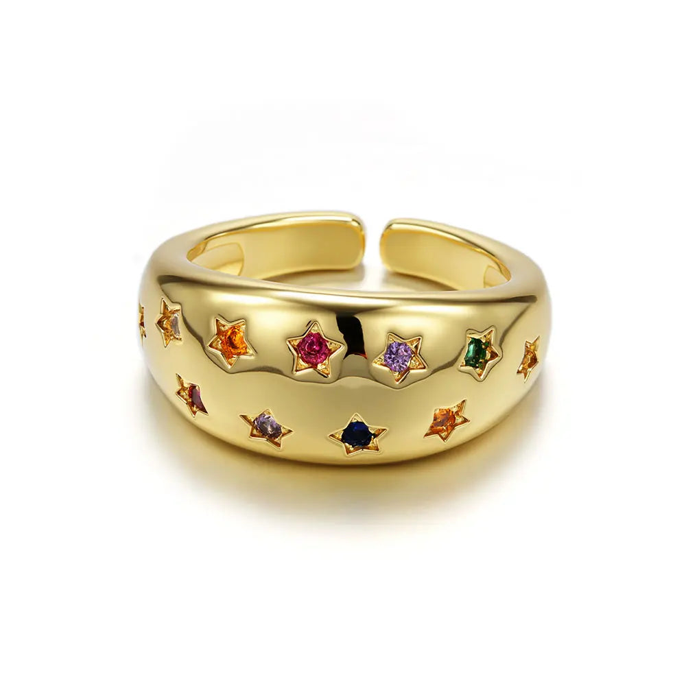 De Tarnish Free Colorful Cubic Zirconia Ring PVD 18K Gold Plating Brass Zirconia Rings Custom Colorful Gemstones Open Brass Ring