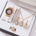 4 PCS Set Luxury Watch Women Ring Necklace Earring Rhinestone Fashion Wristwatch Casual Ladies Watches Set