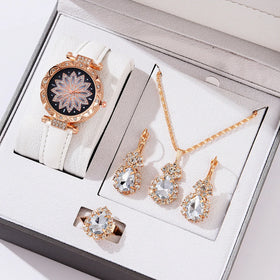 4 PCS Set Luxury Watch Women Ring Necklace Earring Rhinestone Fashion Wristwatch Casual Ladies Watches Set