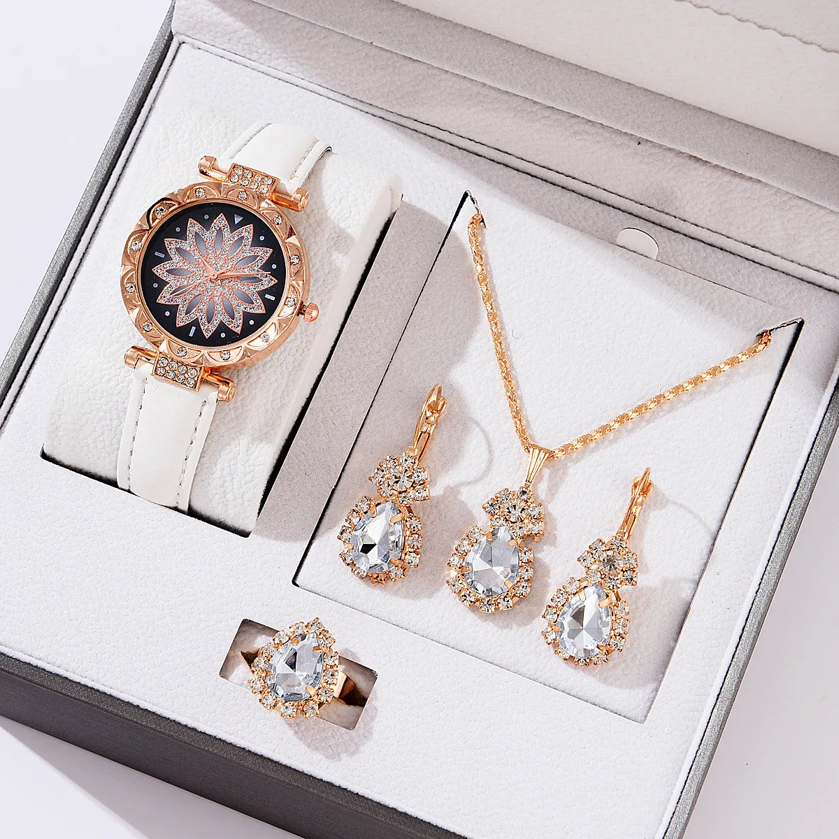 4 PCS Set Luxury Watch Women Ring Necklace Earring Rhinestone Fashion Wristwatch Casual Ladies Watches Set