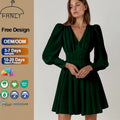 Puff Sleeves Button Closure V-Neck Solid Chiffon Parties Evening Events Women's Elegant Pleated A-Line Dress for Classy Lady