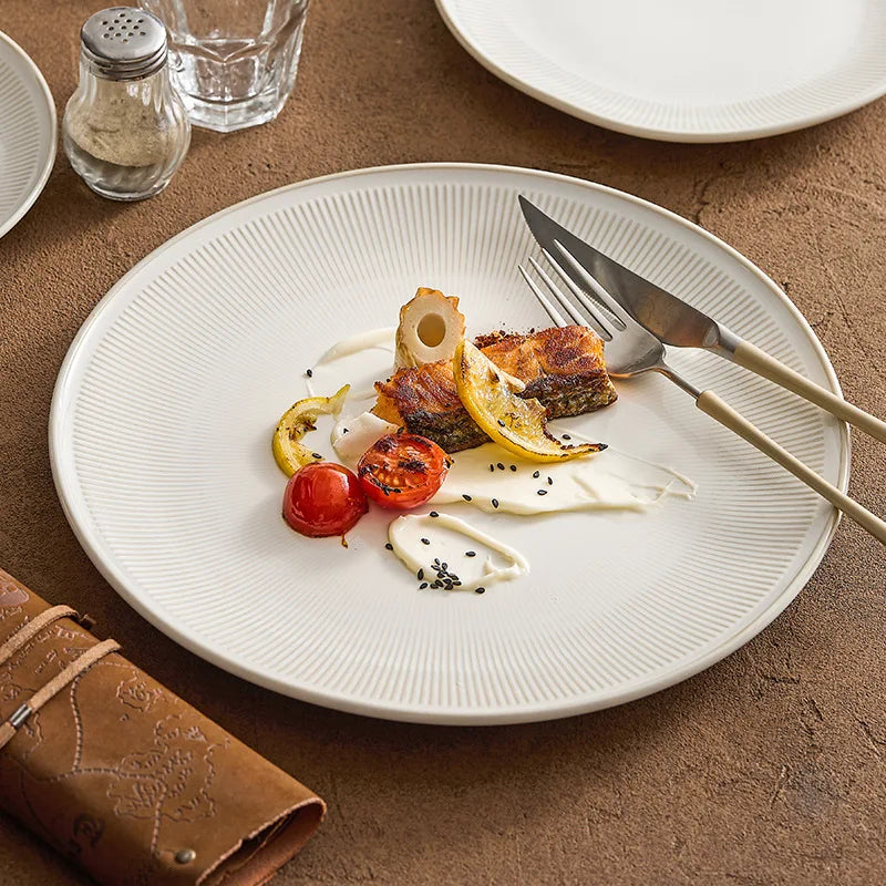 Light Luxury Eco-Friendly White Ceramic Dinner Plates Household Shallow Dish Flat Plate Steak Dishes for Wedding Tableware