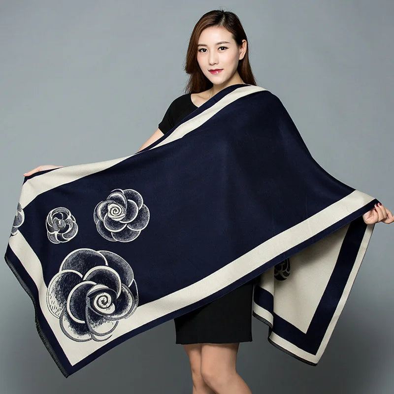Elegant Big Faux Kashmir Camellia Rose Two-Color Winter Warm Scarf Pashmina Shawl Headwrap Fringe Made Durable Polyester