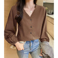 9040# Ready Stock European and American Style Women's V-neck Long-sleeved Fashion Solid Shirts