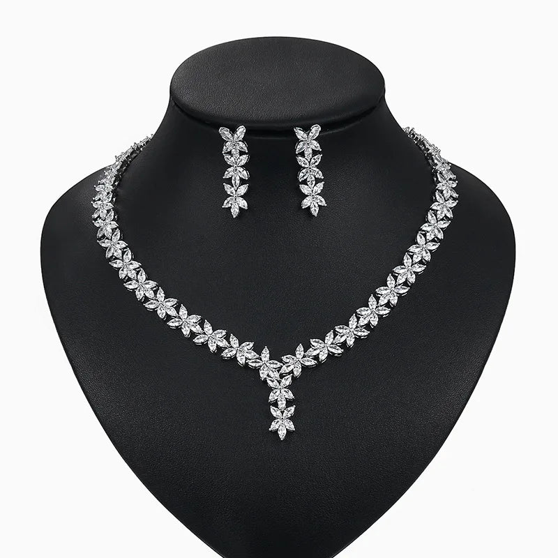 Genya Platinum Necklace and Earrings White Gold Plated Jewelry Set  for Women and Girls Crystal  Bridal Wedding Jewelry Sets