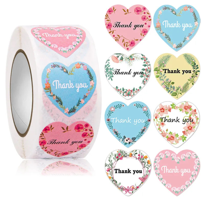 500 PCS 1'' Inch Adhesive Waterproof Paper Heart Labels Custom Logo Pegatinas in Gold Silver Color Pack Thank You Sticker