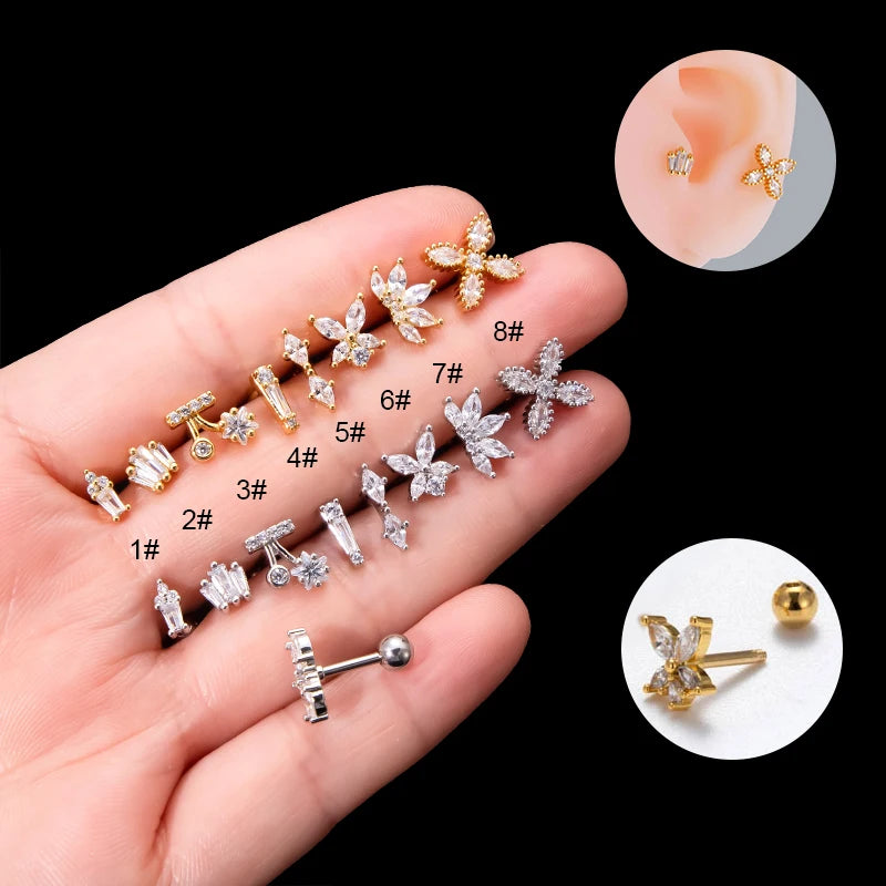 HENGSEN Trendy Piercing Jewelry Wholesale 16g Gold Silver CZ Diamond Flower Geometry Shape Stud Helix Cartilage Earring