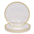 Wedding Decoration and Party Dinner Plate 13 Inch Round Clear Gold Rim Plastic Charger Plate with Gold Beads
