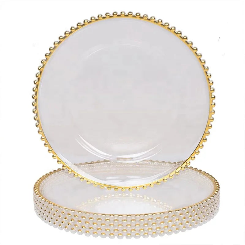 Wedding Decoration and Party Dinner Plate 13 Inch Round Clear Gold Rim Plastic Charger Plate with Gold Beads