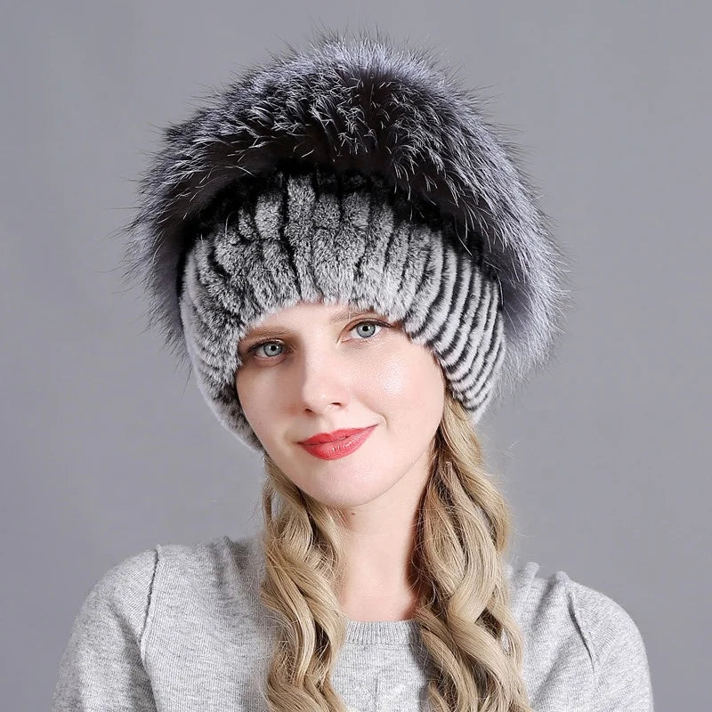 Winter Warm Thickened Real Natural Rex Rabbit Fur Hat New Fashion Faux Fox Fur Decorate Real Fur Hat for Women