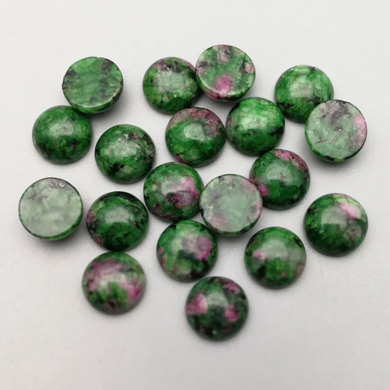 Hongzhuo Loose Round Flat Back 10mm Natural Stone Ruby in Zoisite Cabochon Cut Stone Bead Gems Crafts