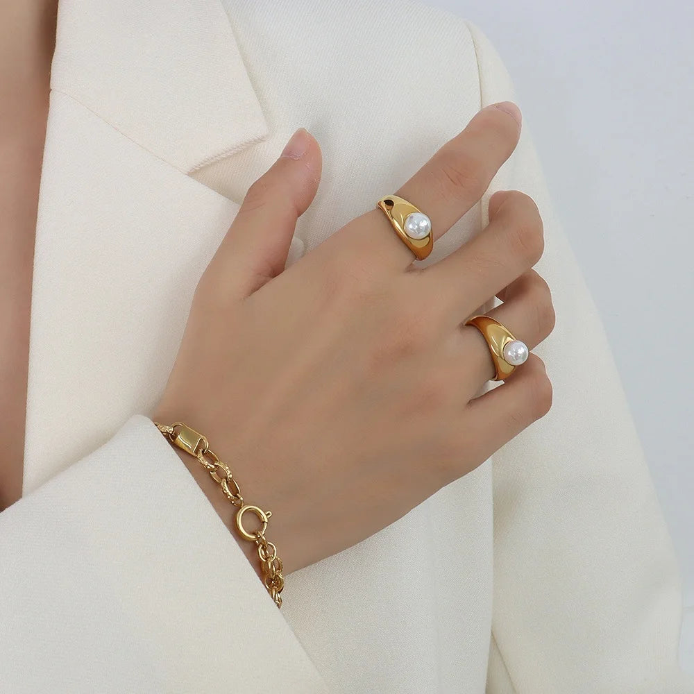 Elegant Fashion Trendy Anillo De Perla Stainless Steel Women Jewelry 18K Gold Imitation Pearl Ring