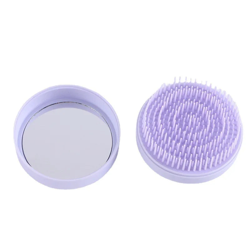 Focstar Plastic Round Hair Brush with Built-In Mirror Straightening Function Massage Comb (Purple & Pink) (BTD1075)